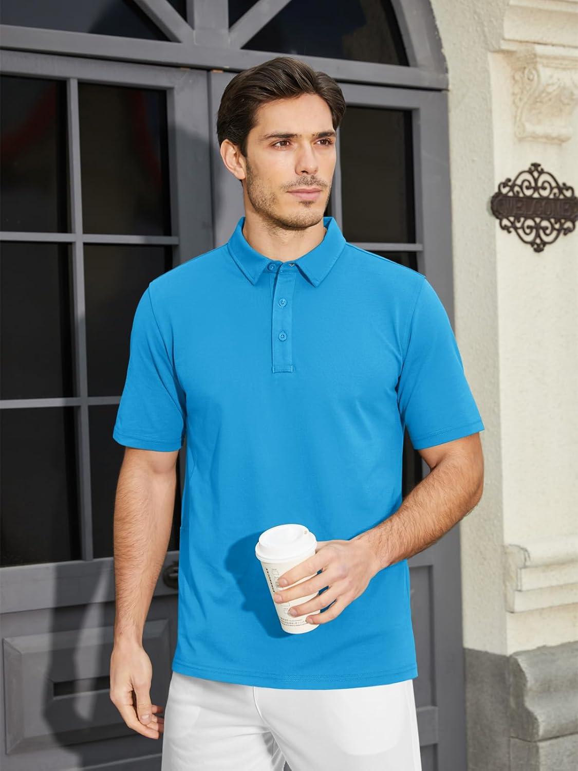 imageMAGCOMSEN Mens Polo Shirt Quick Dry Performance Short Sleeve Tactical Shirts Pique Jersey Golf ShirtAzure