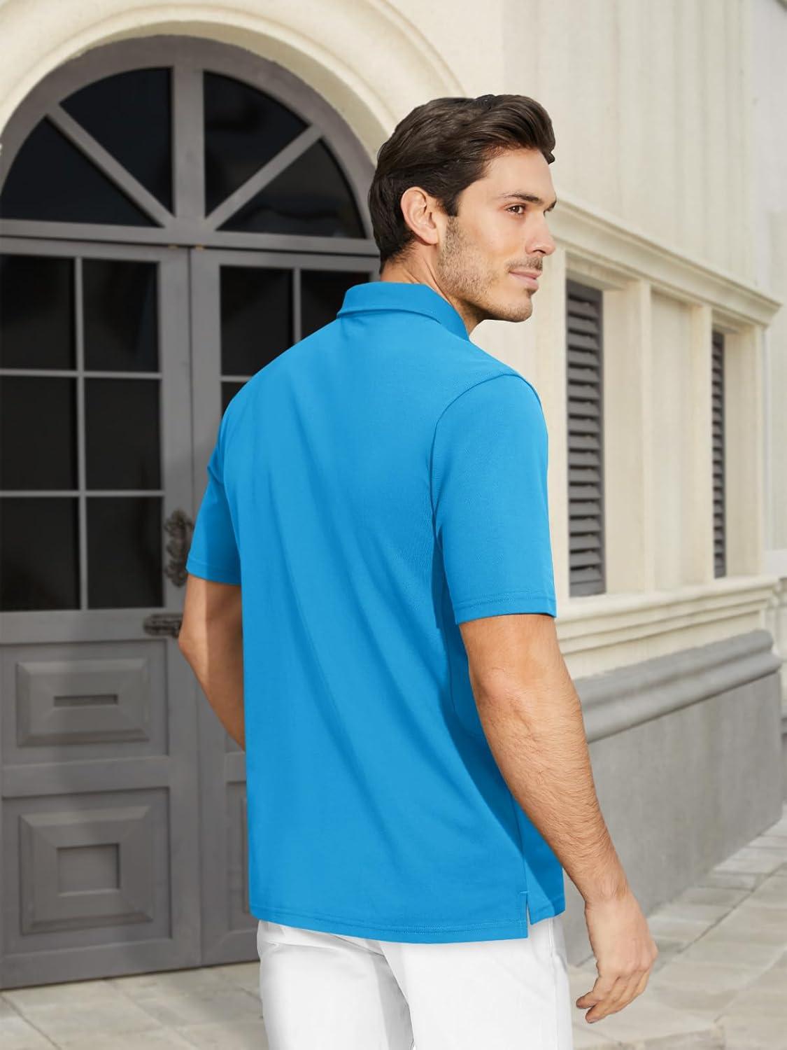 imageMAGCOMSEN Mens Polo Shirt Quick Dry Performance Short Sleeve Tactical Shirts Pique Jersey Golf ShirtAzure