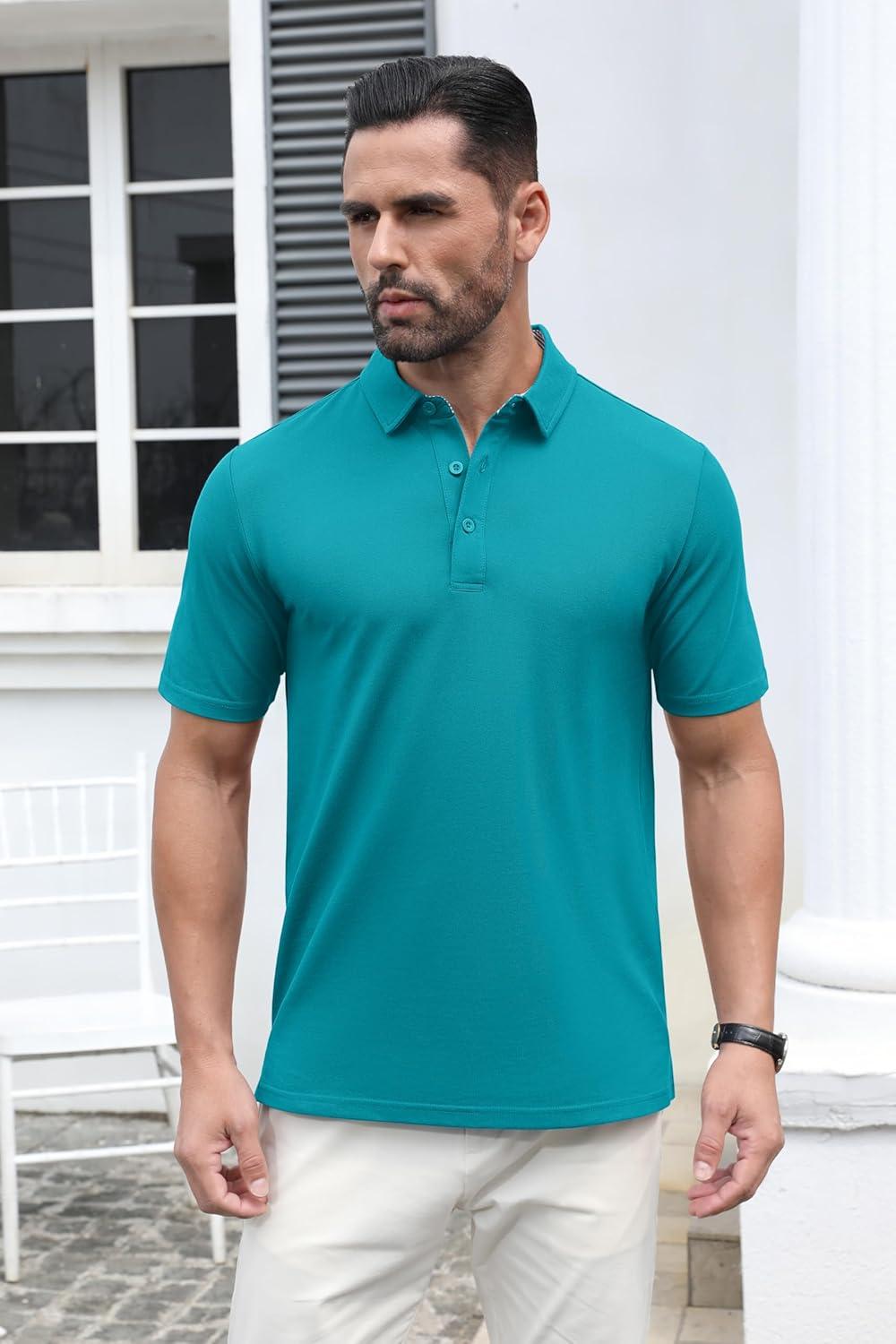 imageMAGCOMSEN Mens Polo Shirt Quick Dry Performance Short Sleeve Tactical Shirts Pique Jersey Golf ShirtBlue Green