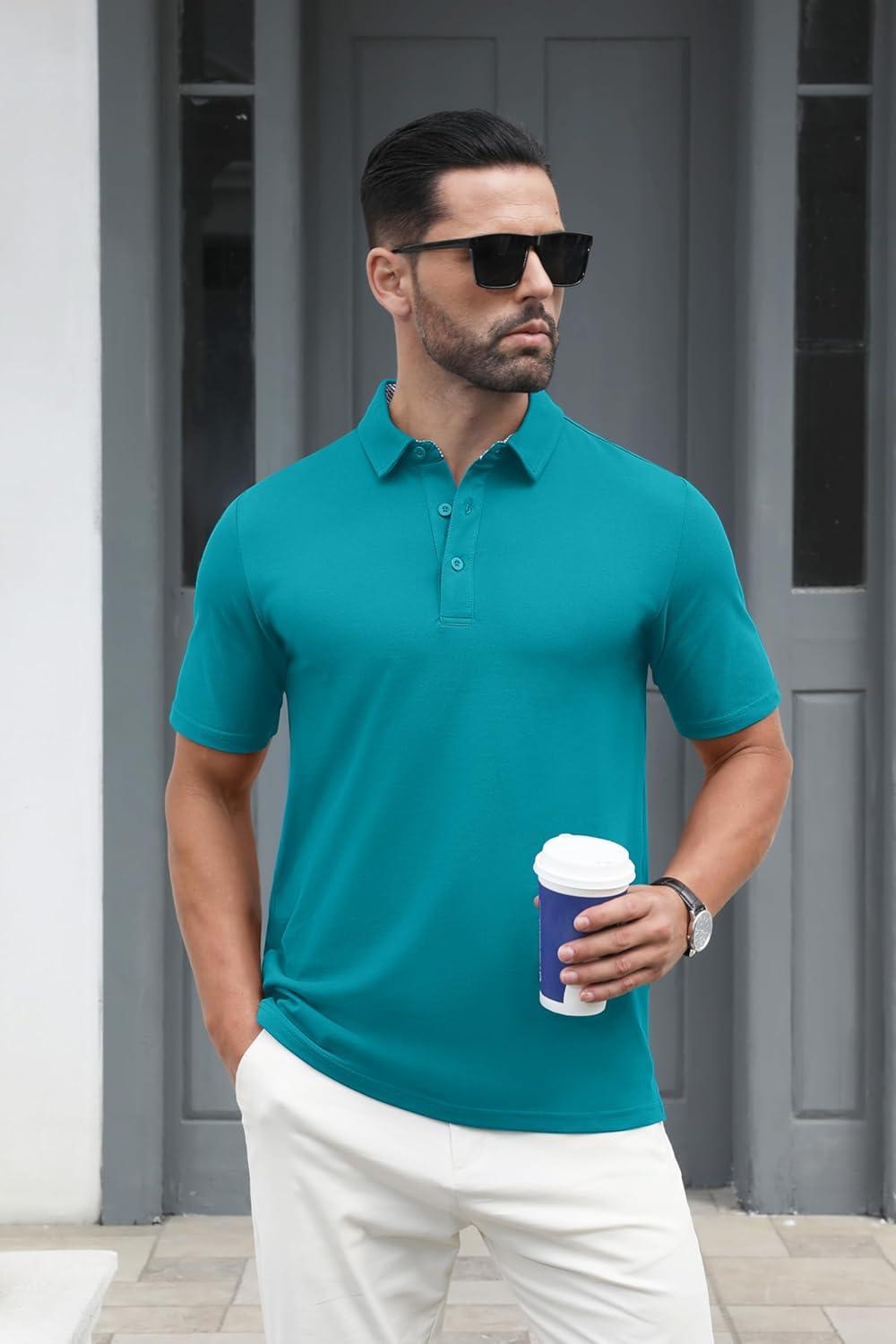 imageMAGCOMSEN Mens Polo Shirt Quick Dry Performance Short Sleeve Tactical Shirts Pique Jersey Golf ShirtBlue Green
