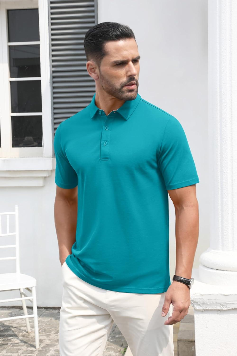 imageMAGCOMSEN Mens Polo Shirt Quick Dry Performance Short Sleeve Tactical Shirts Pique Jersey Golf ShirtBlue Green