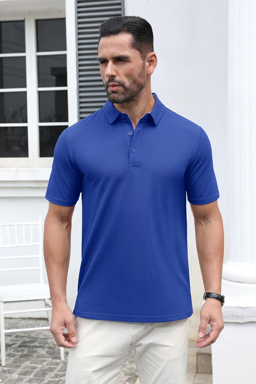 imageMAGCOMSEN Mens Polo Shirt Quick Dry Performance Short Sleeve Tactical Shirts Pique Jersey Golf ShirtColor Blue