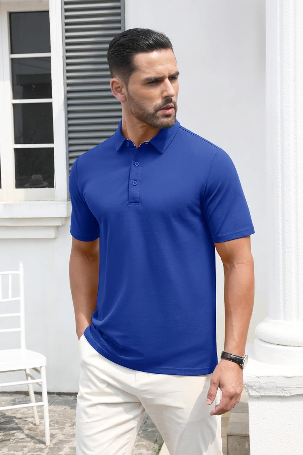 imageMAGCOMSEN Mens Polo Shirt Quick Dry Performance Short Sleeve Tactical Shirts Pique Jersey Golf ShirtColor Blue