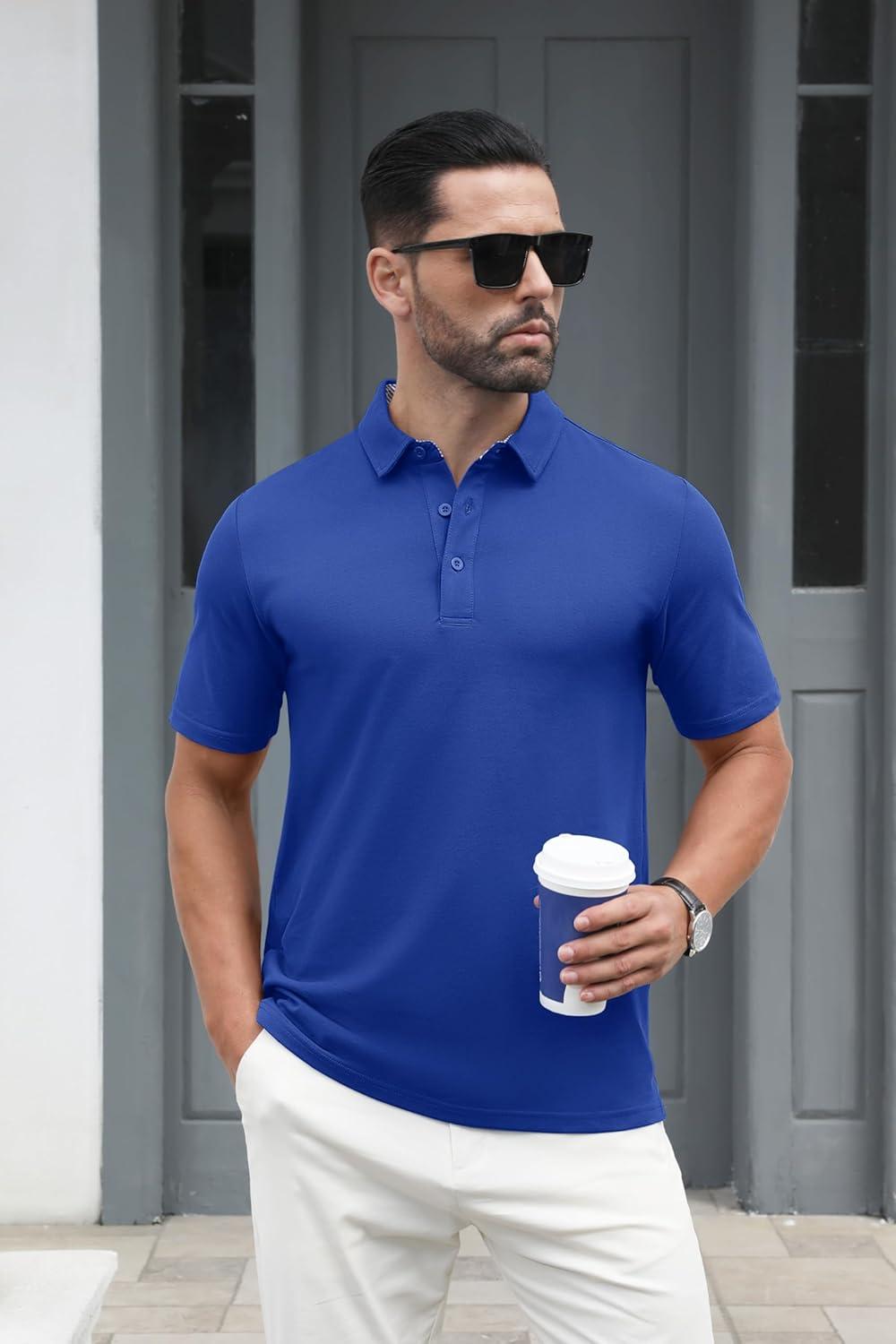 imageMAGCOMSEN Mens Polo Shirt Quick Dry Performance Short Sleeve Tactical Shirts Pique Jersey Golf ShirtColor Blue