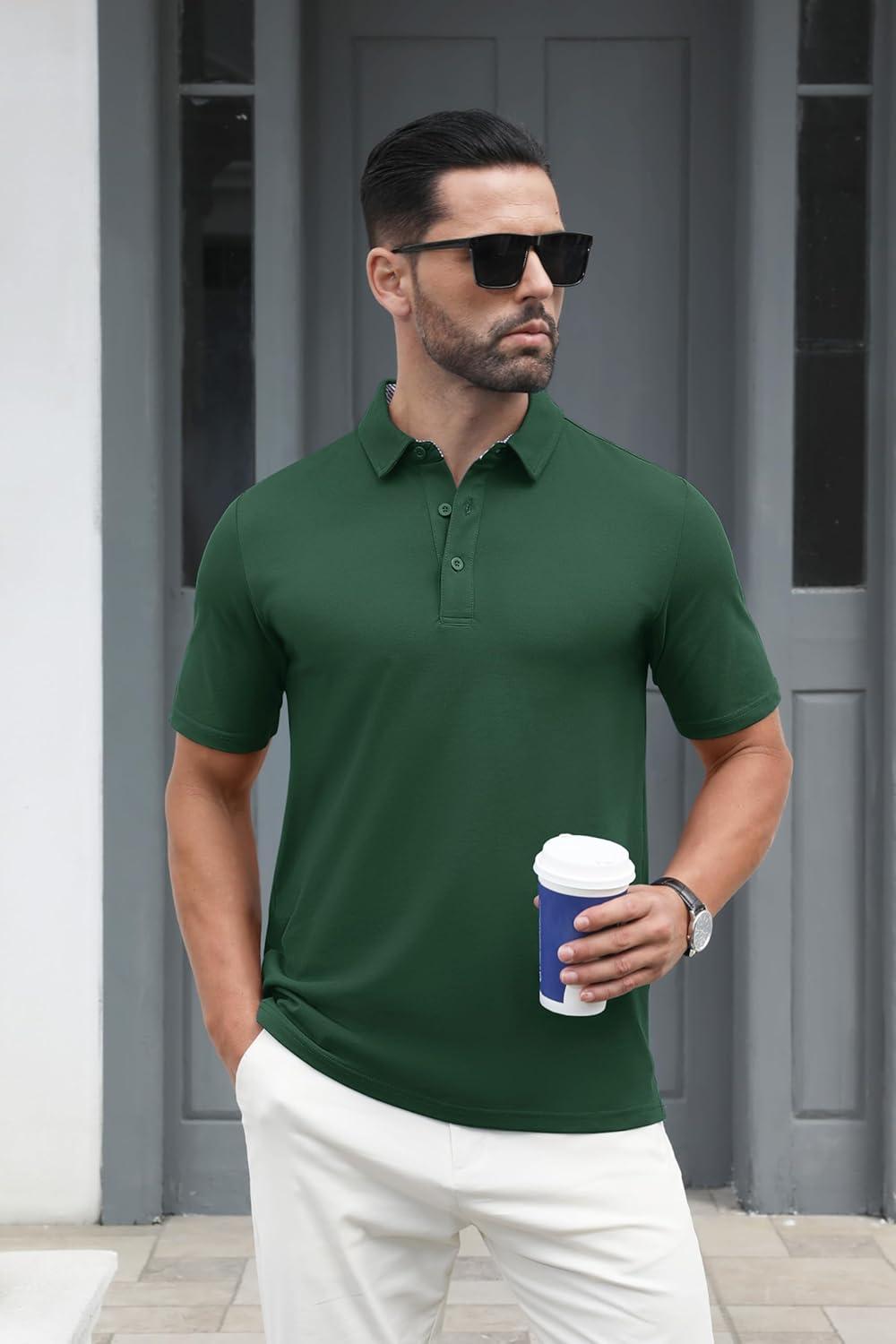 imageMAGCOMSEN Mens Polo Shirt Quick Dry Performance Short Sleeve Tactical Shirts Pique Jersey Golf ShirtDark Green