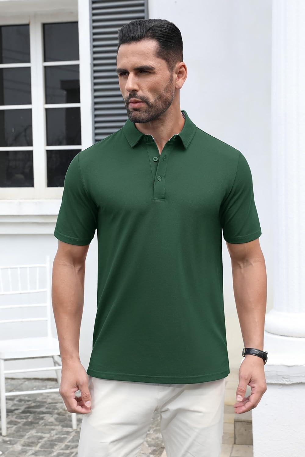 imageMAGCOMSEN Mens Polo Shirt Quick Dry Performance Short Sleeve Tactical Shirts Pique Jersey Golf ShirtDark Green