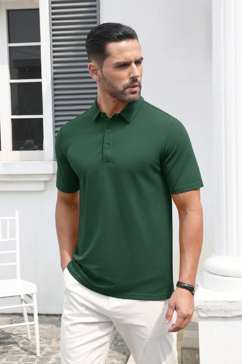 imageMAGCOMSEN Mens Polo Shirt Quick Dry Performance Short Sleeve Tactical Shirts Pique Jersey Golf ShirtDark Green