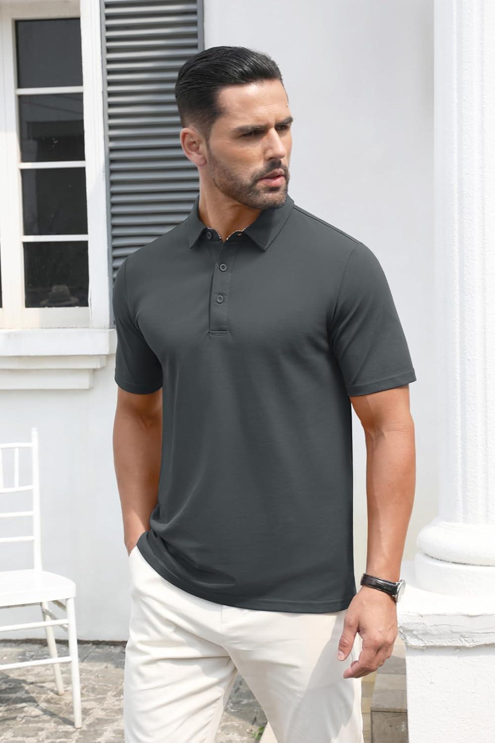 imageMAGCOMSEN Mens Polo Shirt Quick Dry Performance Short Sleeve Tactical Shirts Pique Jersey Golf ShirtDark Grey