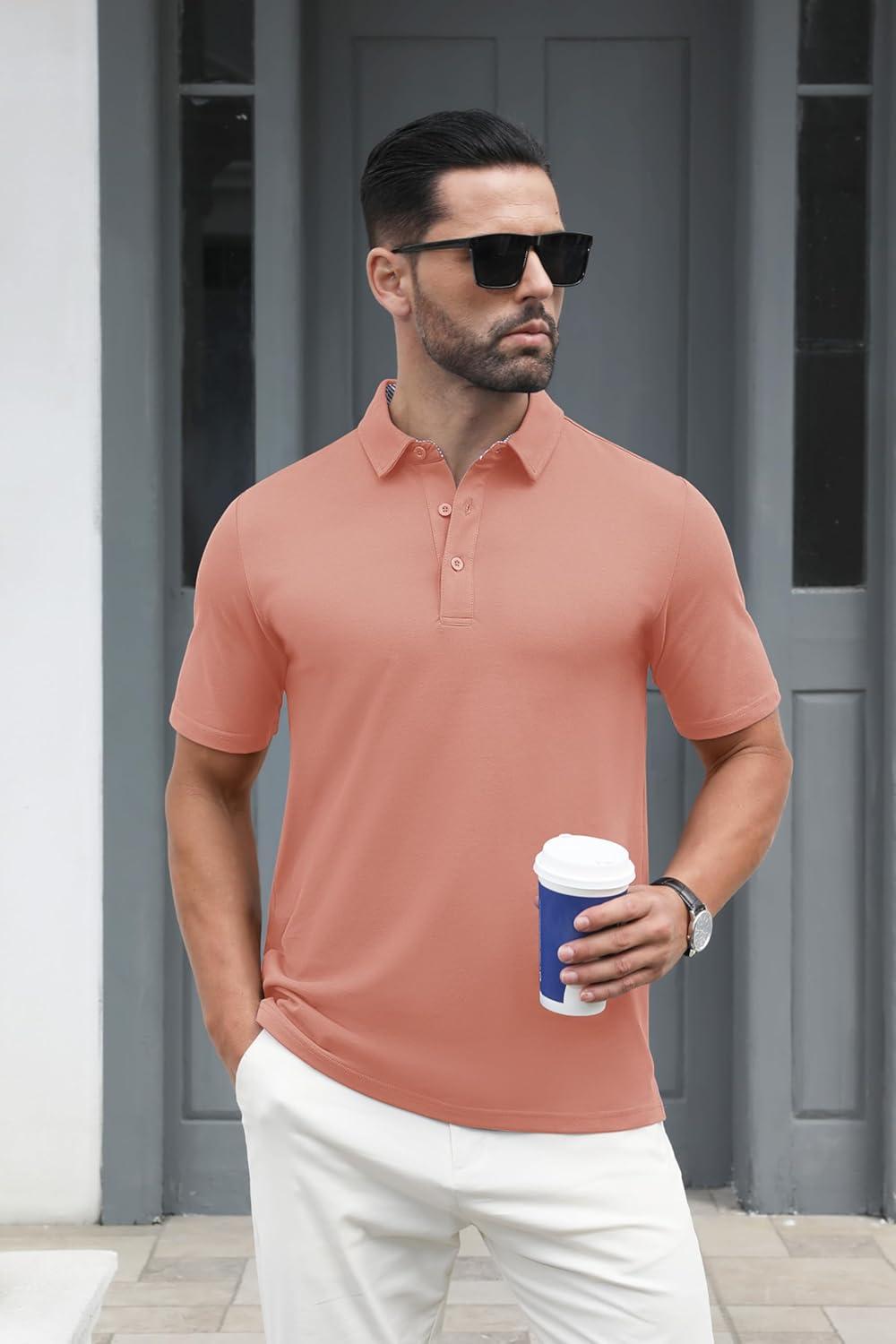 imageMAGCOMSEN Mens Polo Shirt Quick Dry Performance Short Sleeve Tactical Shirts Pique Jersey Golf ShirtGrey Pink