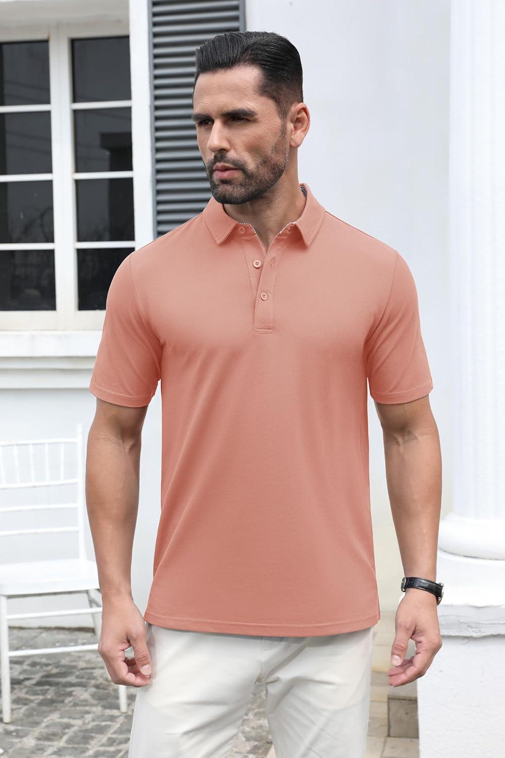 imageMAGCOMSEN Mens Polo Shirt Quick Dry Performance Short Sleeve Tactical Shirts Pique Jersey Golf ShirtGrey Pink