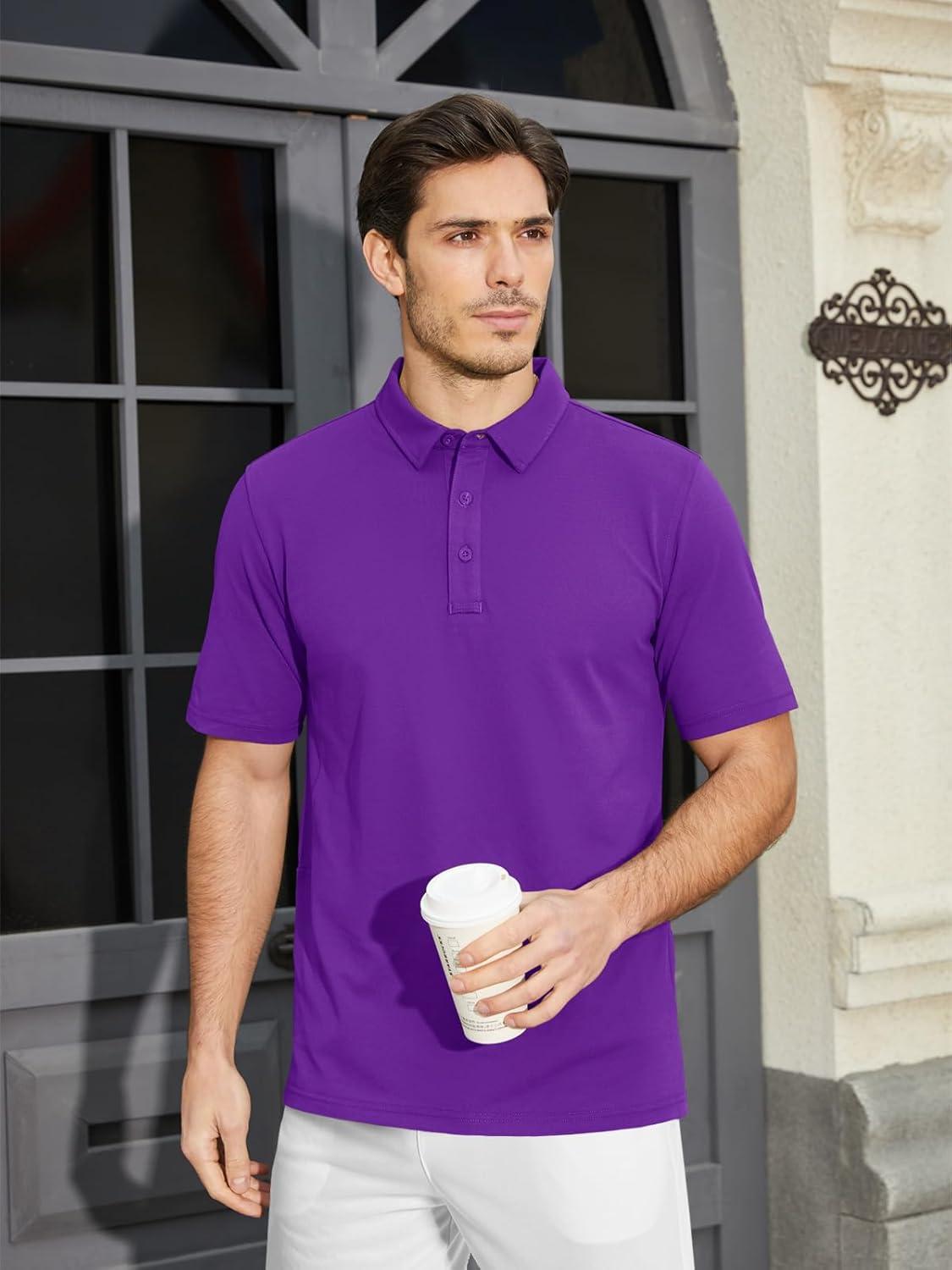 imageMAGCOMSEN Mens Polo Shirt Quick Dry Performance Short Sleeve Tactical Shirts Pique Jersey Golf ShirtPurple