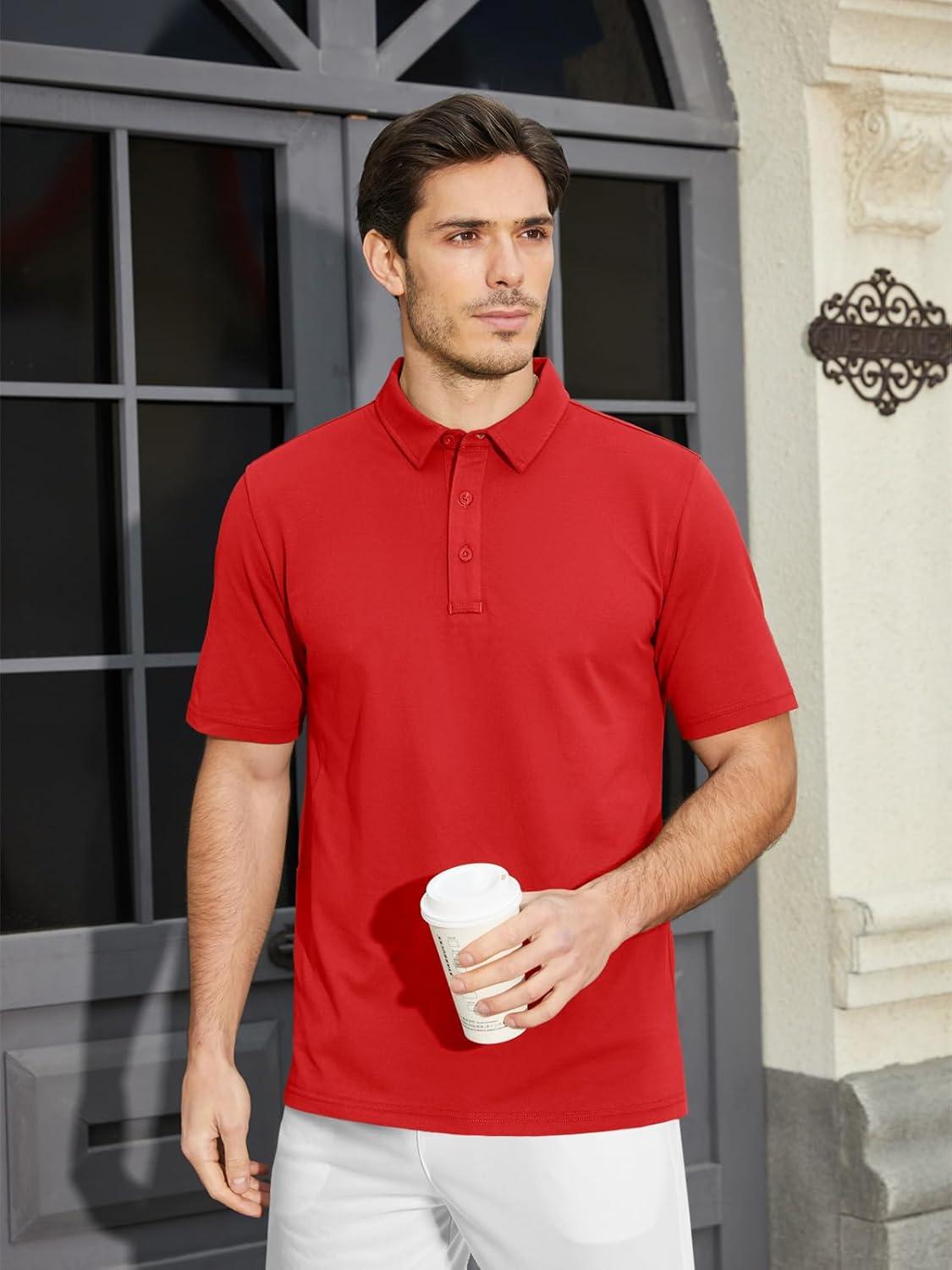 imageMAGCOMSEN Mens Polo Shirt Quick Dry Performance Short Sleeve Tactical Shirts Pique Jersey Golf ShirtRed