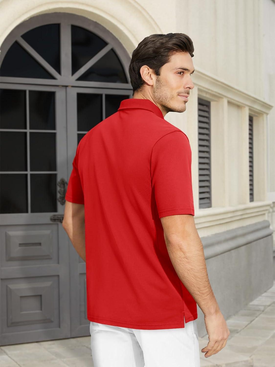 imageMAGCOMSEN Mens Polo Shirt Quick Dry Performance Short Sleeve Tactical Shirts Pique Jersey Golf ShirtRed