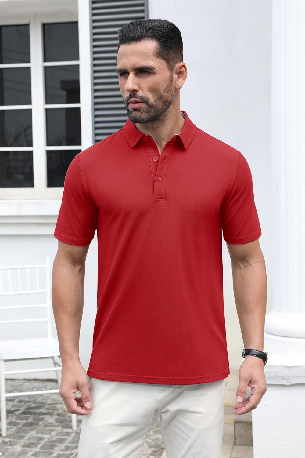 imageMAGCOMSEN Mens Polo Shirt Quick Dry Performance Short Sleeve Tactical Shirts Pique Jersey Golf ShirtTomato Red