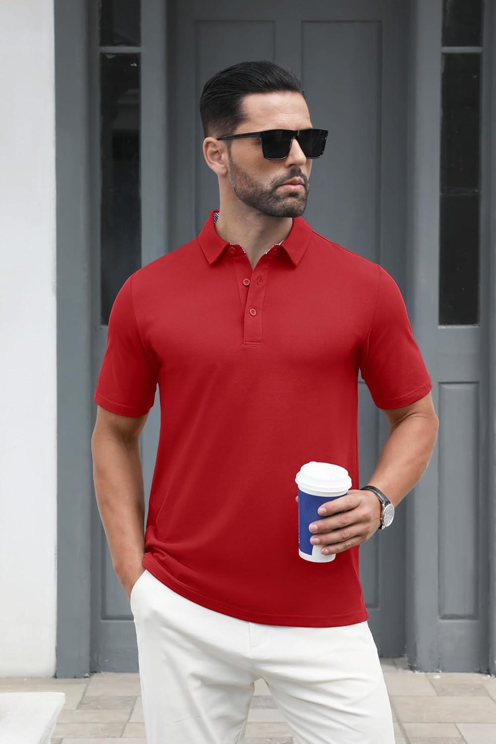imageMAGCOMSEN Mens Polo Shirt Quick Dry Performance Short Sleeve Tactical Shirts Pique Jersey Golf ShirtTomato Red