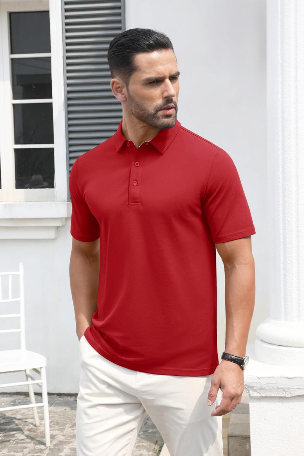 imageMAGCOMSEN Mens Polo Shirt Quick Dry Performance Short Sleeve Tactical Shirts Pique Jersey Golf ShirtTomato Red