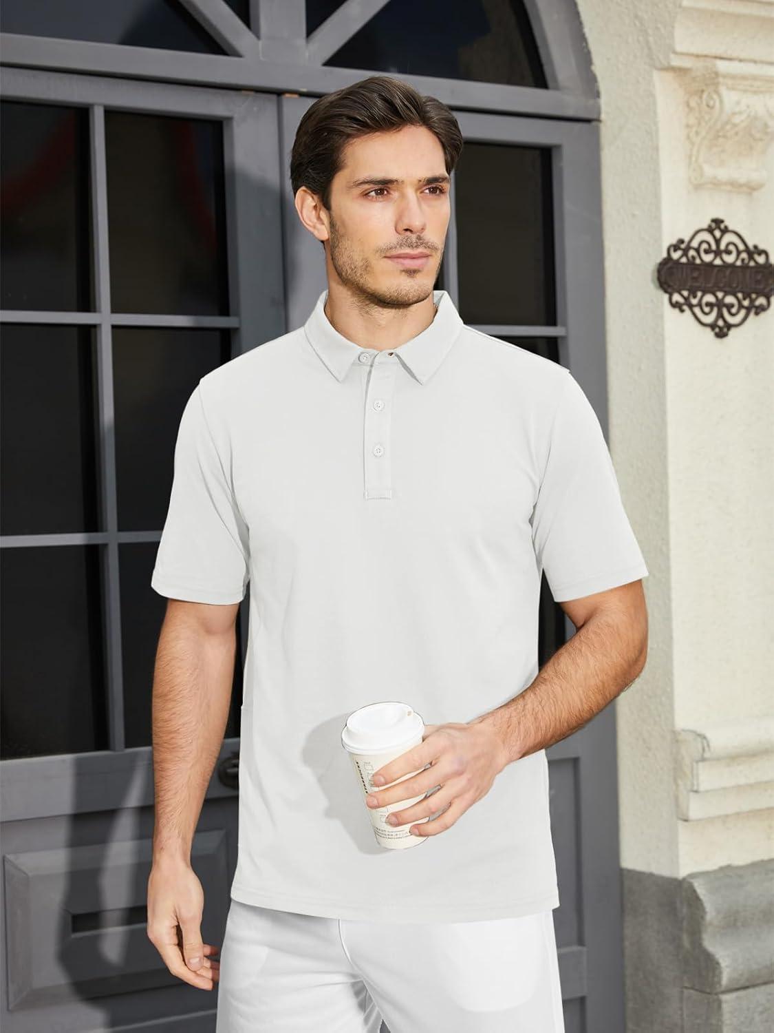 imageMAGCOMSEN Mens Polo Shirt Quick Dry Performance Short Sleeve Tactical Shirts Pique Jersey Golf ShirtWhite