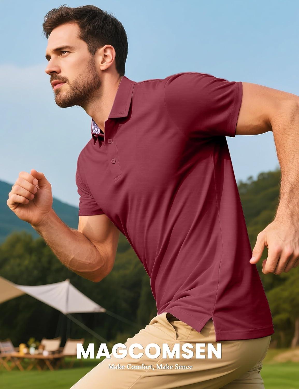 imageMAGCOMSEN Mens Polo Shirt Quick Dry Performance Short Sleeve Tactical Shirts Pique Jersey Golf ShirtWine