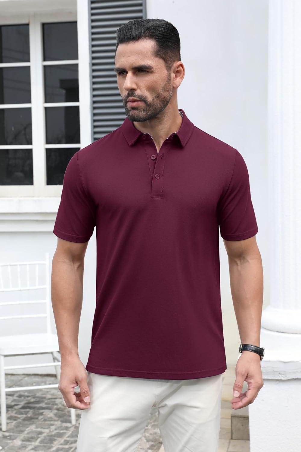 imageMAGCOMSEN Mens Polo Shirt Quick Dry Performance Short Sleeve Tactical Shirts Pique Jersey Golf ShirtWine Red