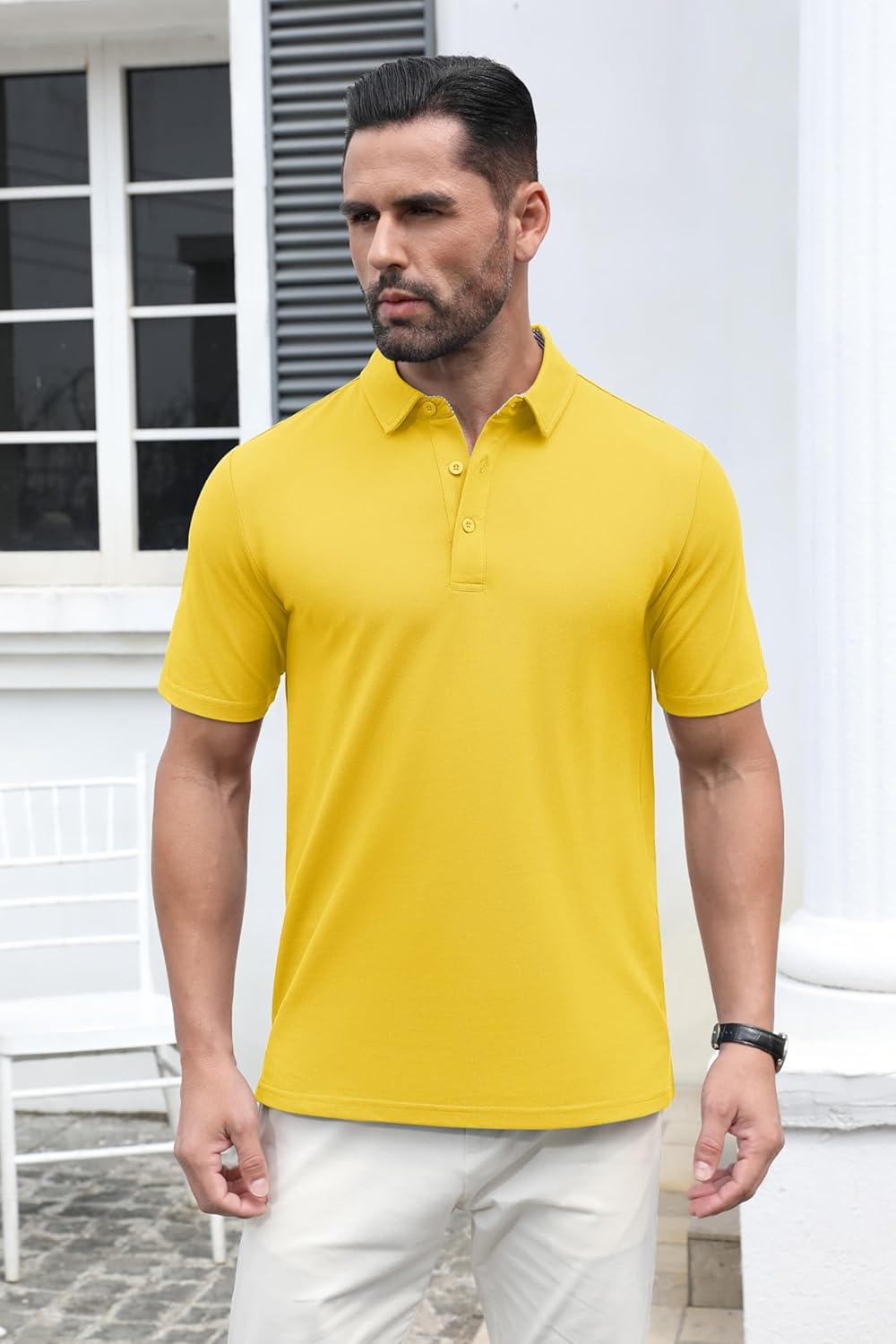 imageMAGCOMSEN Mens Polo Shirt Quick Dry Performance Short Sleeve Tactical Shirts Pique Jersey Golf ShirtYellow