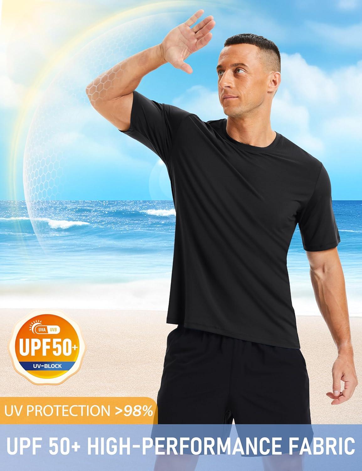 imageMAGCOMSEN Mens Short Sleeve UPF 50 Shirts Quick Dry Athletic Swim Tshirt Running Workout Gym Hiking Fishing Rash GuardBlack