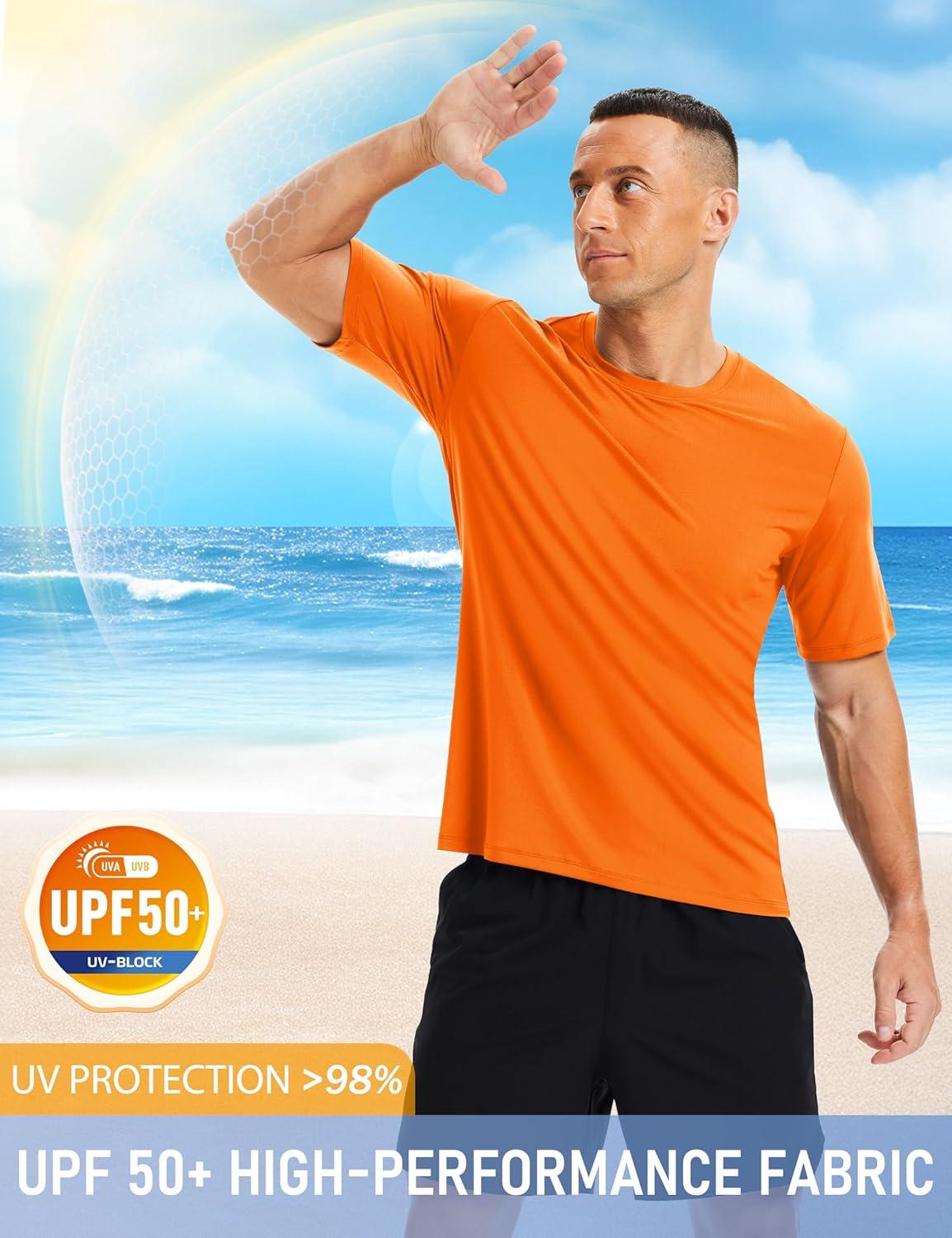 imageMAGCOMSEN Mens Short Sleeve UPF 50 Shirts Quick Dry Athletic Swim Tshirt Running Workout Gym Hiking Fishing Rash GuardFlorange