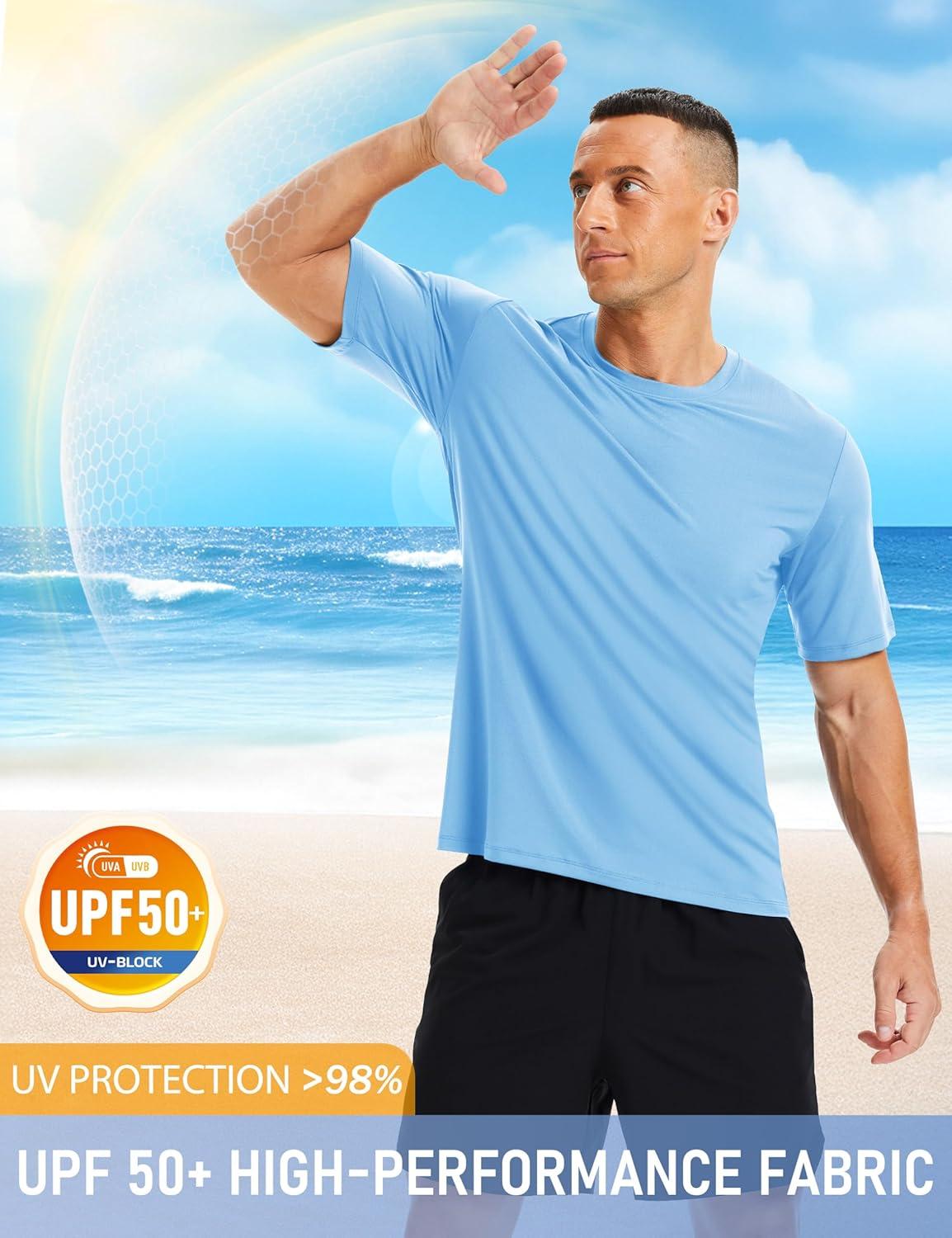 imageMAGCOMSEN Mens Short Sleeve UPF 50 Shirts Quick Dry Athletic Swim Tshirt Running Workout Gym Hiking Fishing Rash GuardSkyblue