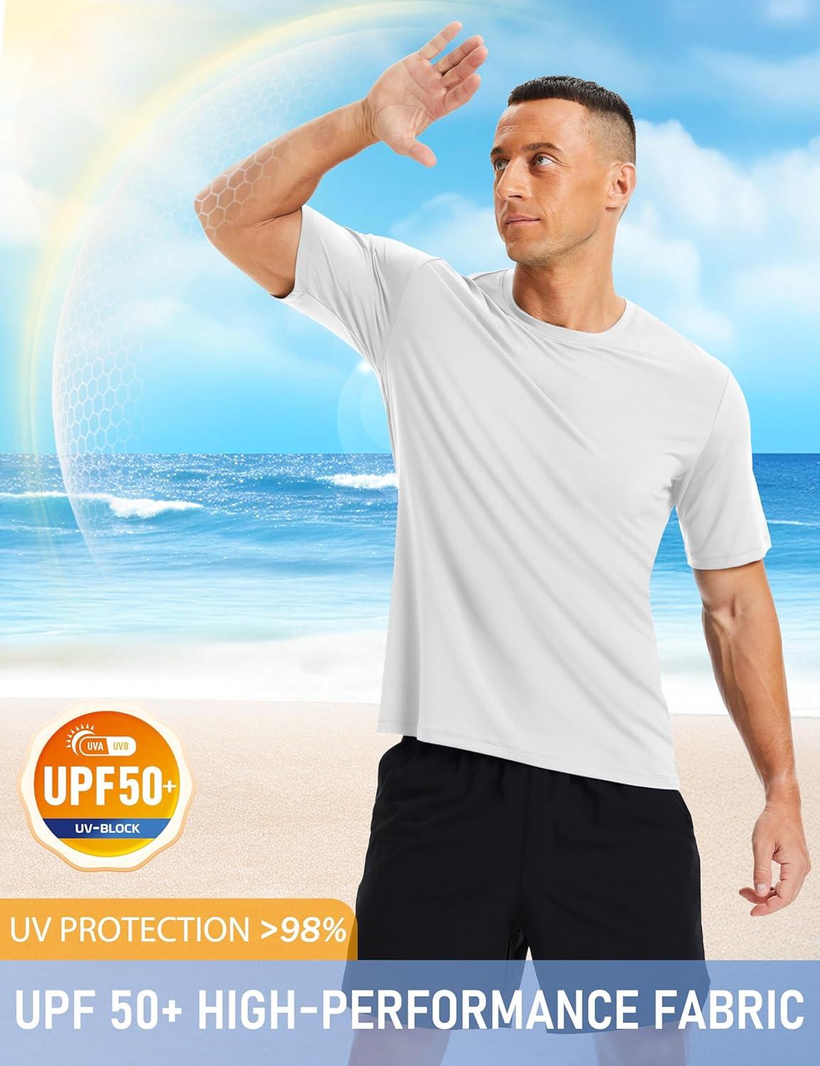 imageMAGCOMSEN Mens Short Sleeve UPF 50 Shirts Quick Dry Athletic Swim Tshirt Running Workout Gym Hiking Fishing Rash GuardWhite