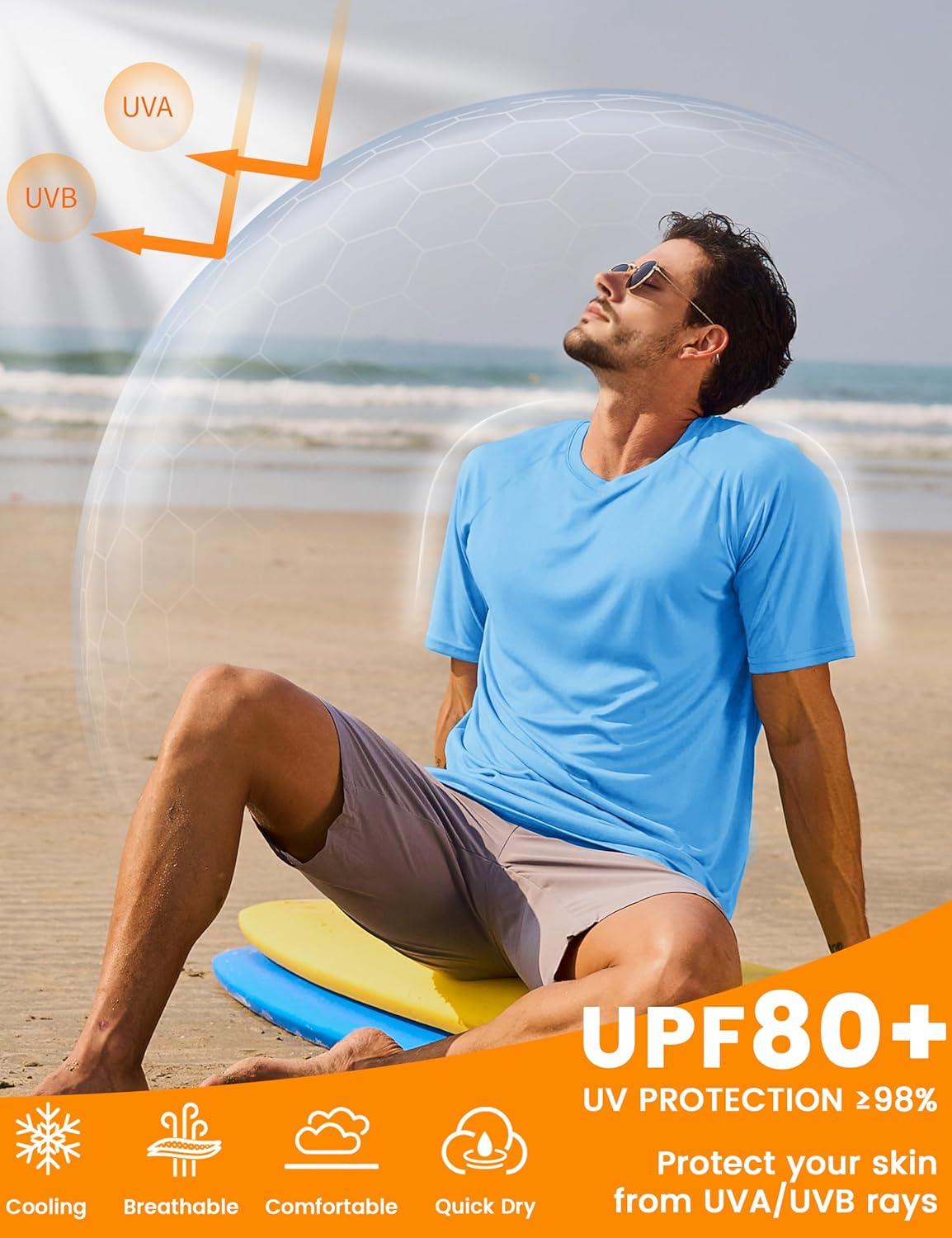 imageMAGCOMSEN Mens Short Sleeve UPF 50 Sun Protection Shirts Quick Dry Athletic TShirt Hiking Running Swimming Rash GuardBlue