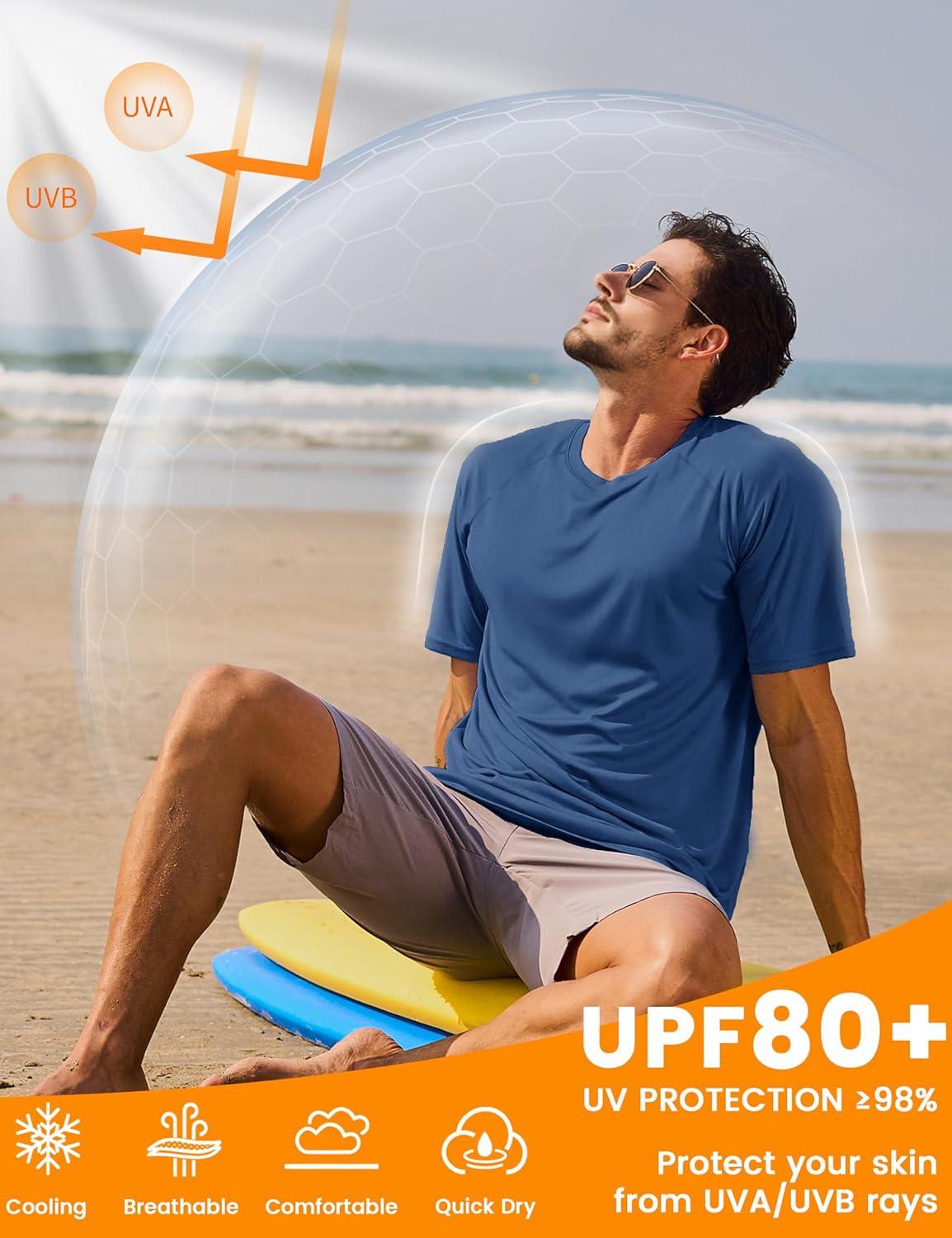 imageMAGCOMSEN Mens Short Sleeve UPF 50 Sun Protection Shirts Quick Dry Athletic TShirt Hiking Running Swimming Rash GuardBlue Gray