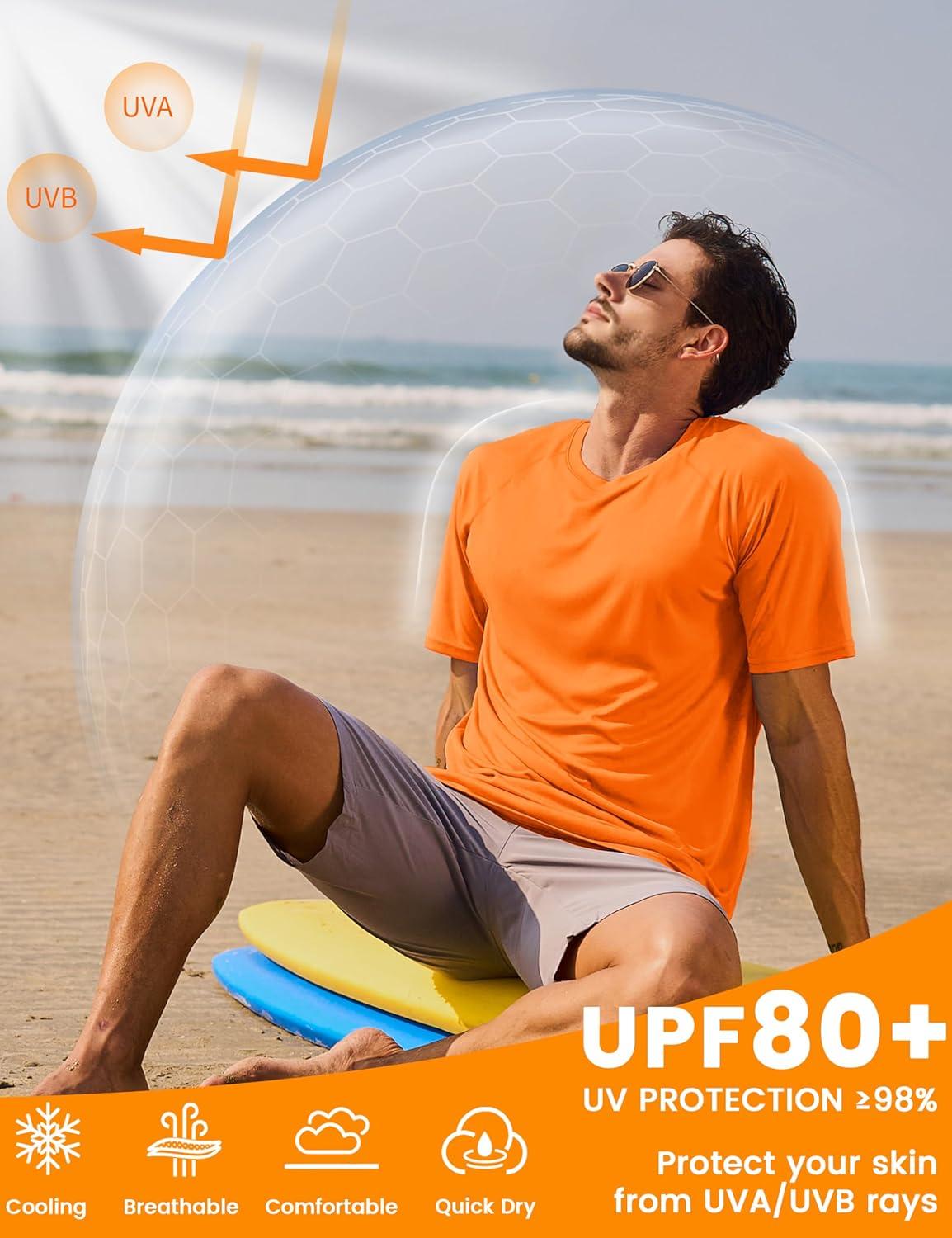 imageMAGCOMSEN Mens Short Sleeve UPF 50 Sun Protection Shirts Quick Dry Athletic TShirt Hiking Running Swimming Rash GuardFl Orange