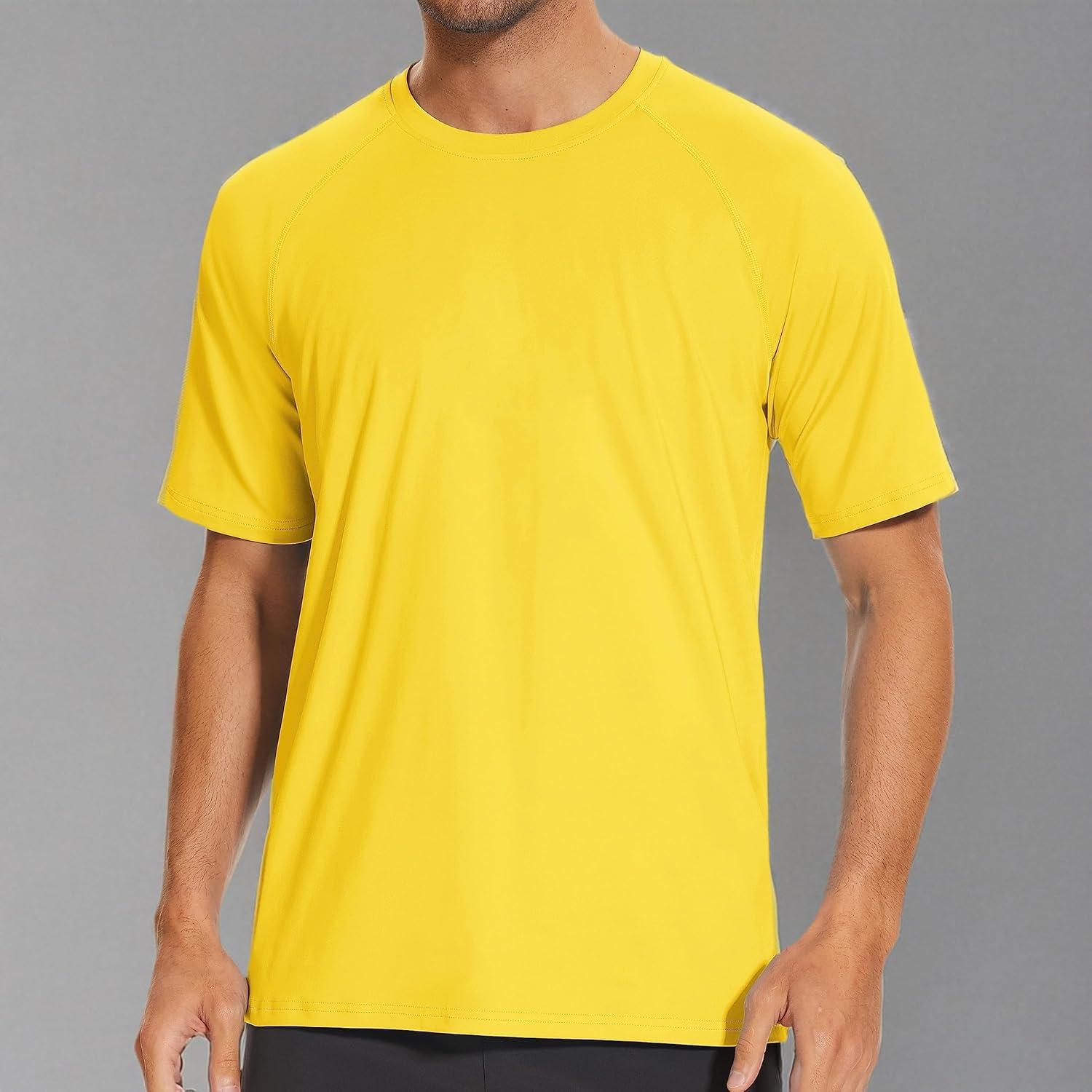 imageMAGCOMSEN Mens Short Sleeve UPF 50 Sun Protection Shirts Quick Dry Athletic TShirt Hiking Running Swimming Rash GuardYellow