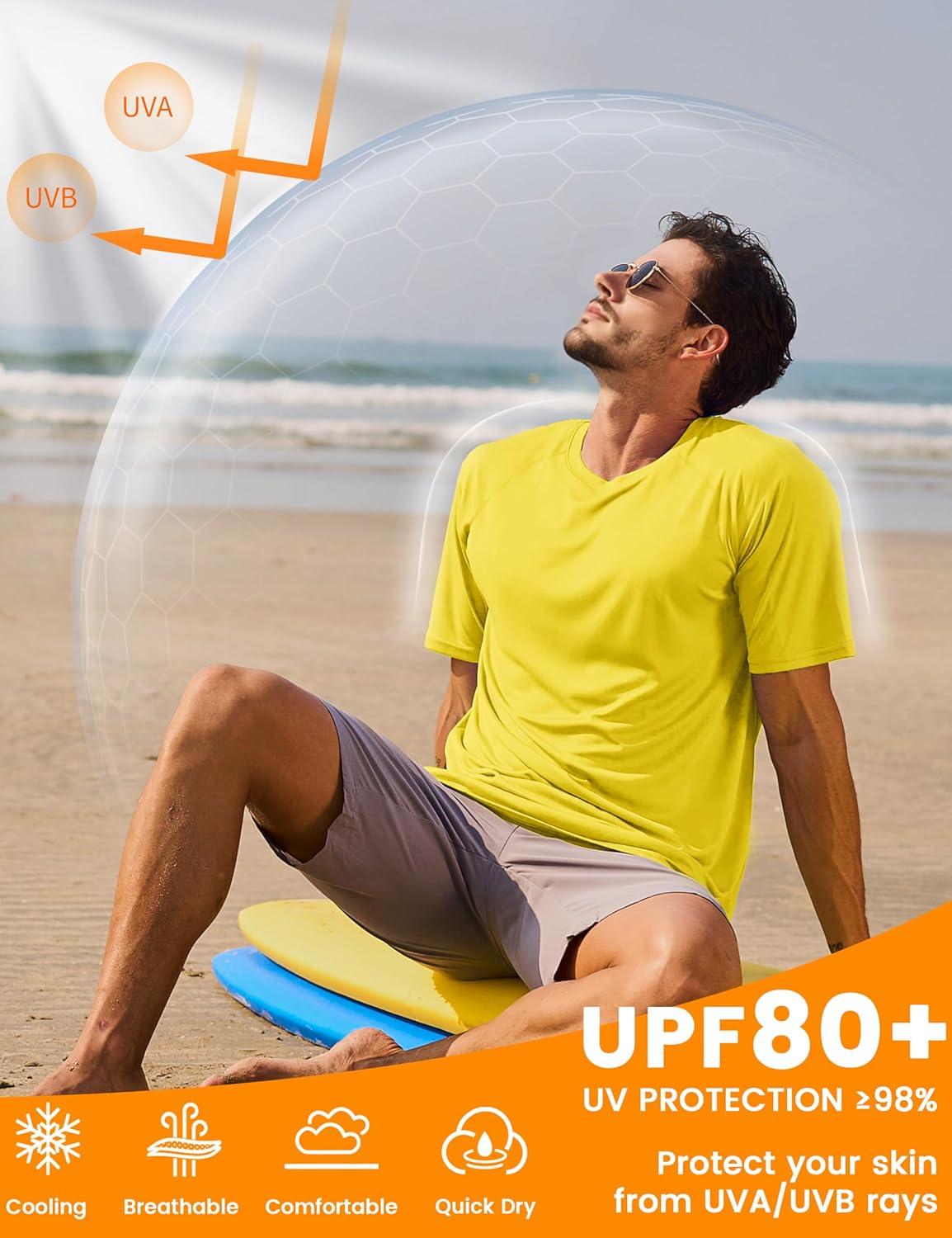 imageMAGCOMSEN Mens Short Sleeve UPF 50 Sun Protection Shirts Quick Dry Athletic TShirt Hiking Running Swimming Rash GuardYellow
