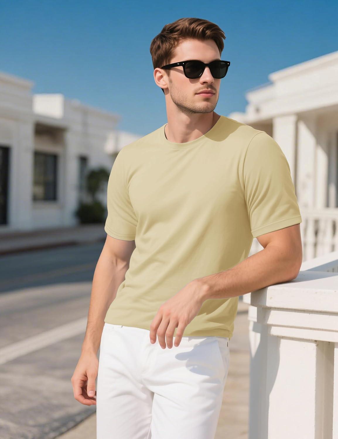imageMAGCOMSEN Mens TShirts UPF 50 Cooling Short Sleeve Shirts Cotton Lightweight Moisture Wicking Soft Casual Summer TeesLight Apricot