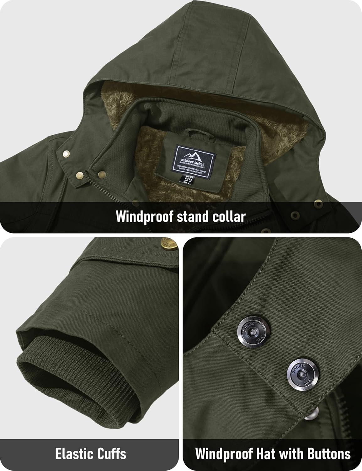 imageMAGCOMSEN Mens Winter Jacket Cotton Fleece Lined Warm Jackets Work Cargo Military Coats with 6 Pockets2 Green