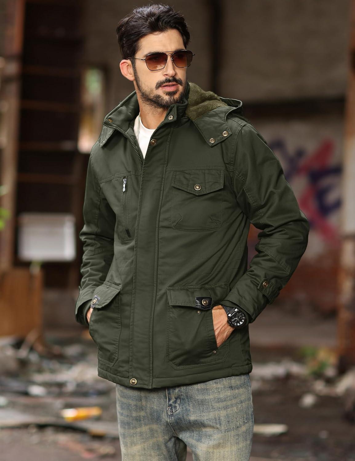 imageMAGCOMSEN Mens Winter Jacket Cotton Fleece Lined Warm Jackets Work Cargo Military Coats with 6 Pockets2 Green