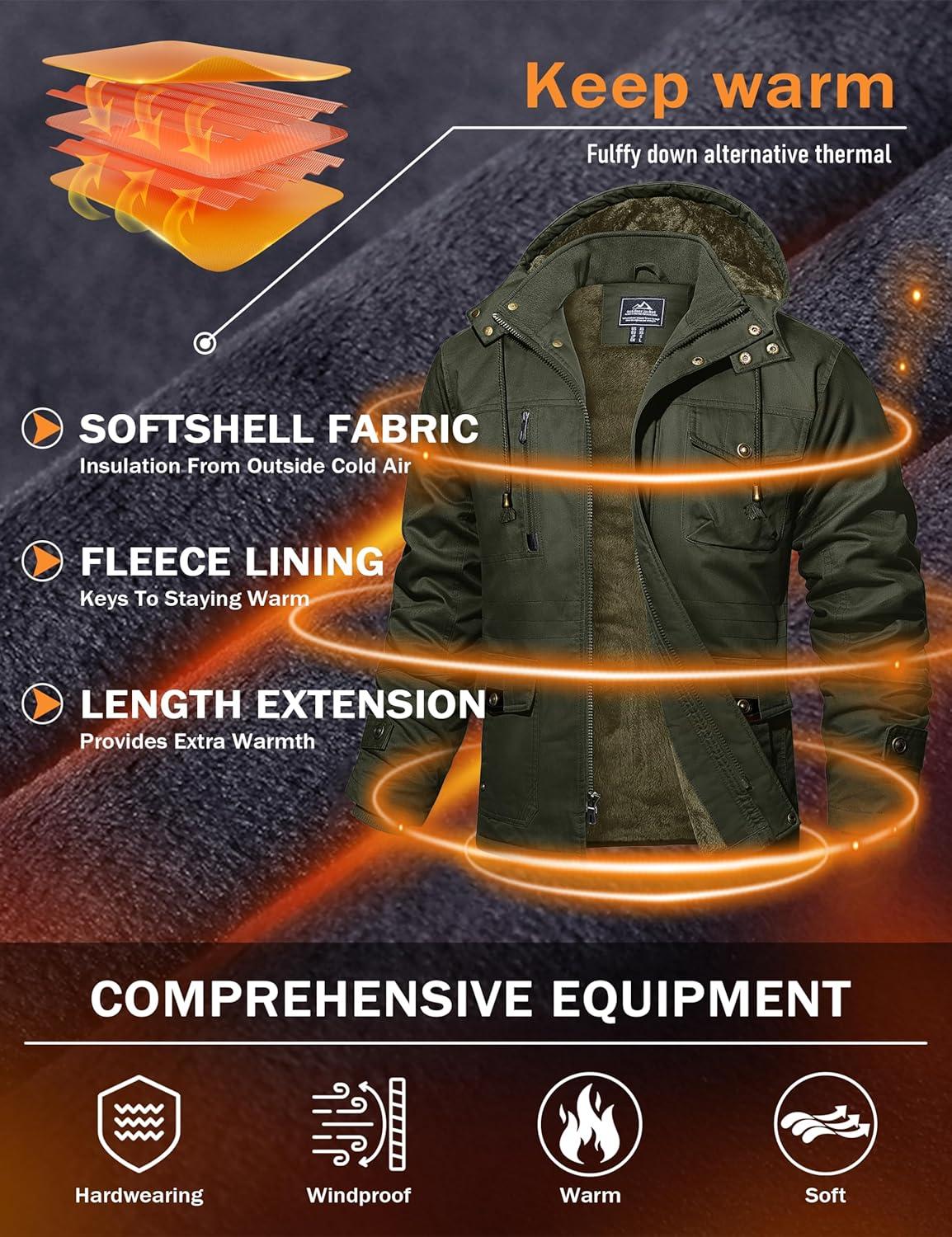 imageMAGCOMSEN Mens Winter Jacket Cotton Fleece Lined Warm Jackets Work Cargo Military Coats with 6 Pockets2 Green