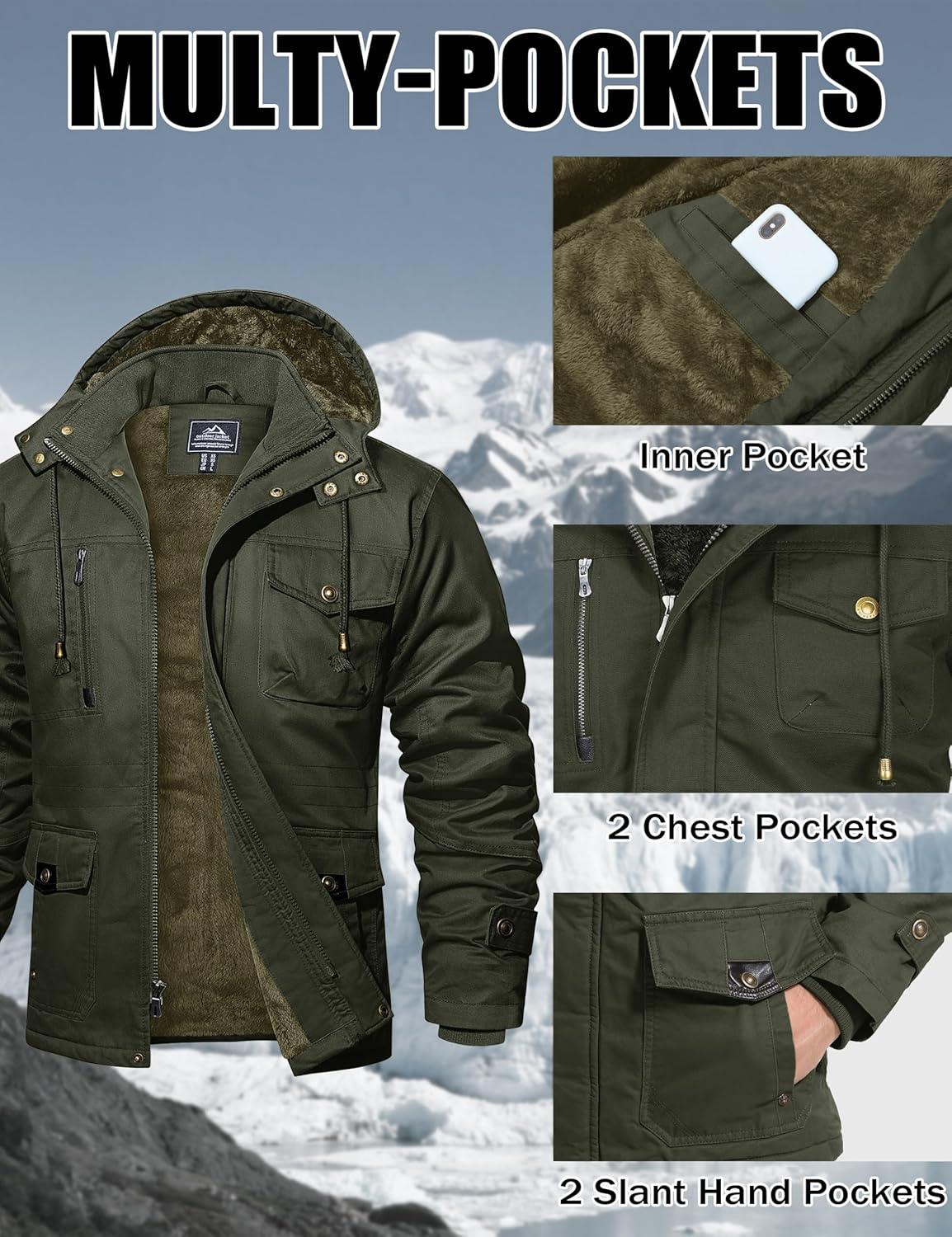 imageMAGCOMSEN Mens Winter Jacket Cotton Fleece Lined Warm Jackets Work Cargo Military Coats with 6 Pockets2 Green