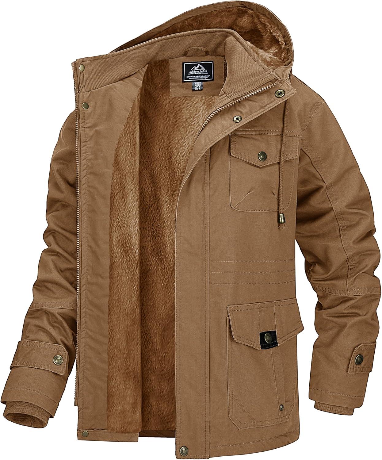 imageMAGCOMSEN Mens Winter Jacket Cotton Fleece Lined Warm Jackets Work Cargo Military Coats with 6 Pockets2 Khaki
