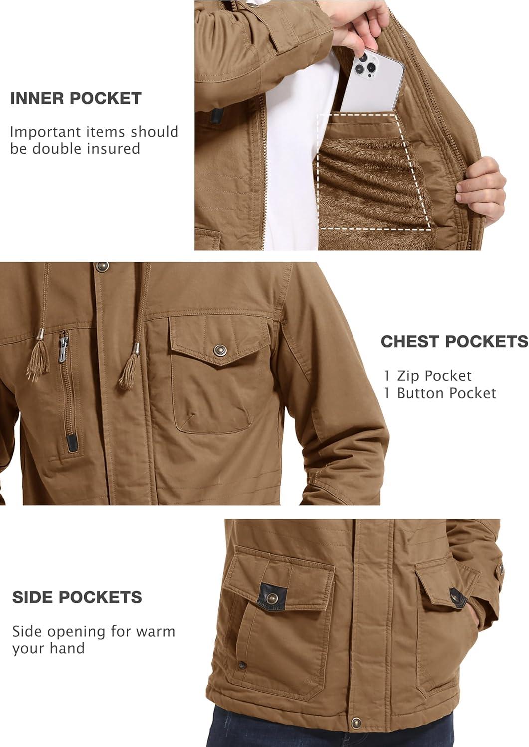 imageMAGCOMSEN Mens Winter Jacket Cotton Fleece Lined Warm Jackets Work Cargo Military Coats with 6 Pockets2 Khaki