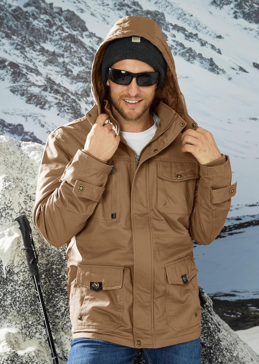 imageMAGCOMSEN Mens Winter Jacket Cotton Fleece Lined Warm Jackets Work Cargo Military Coats with 6 Pockets2 Khaki