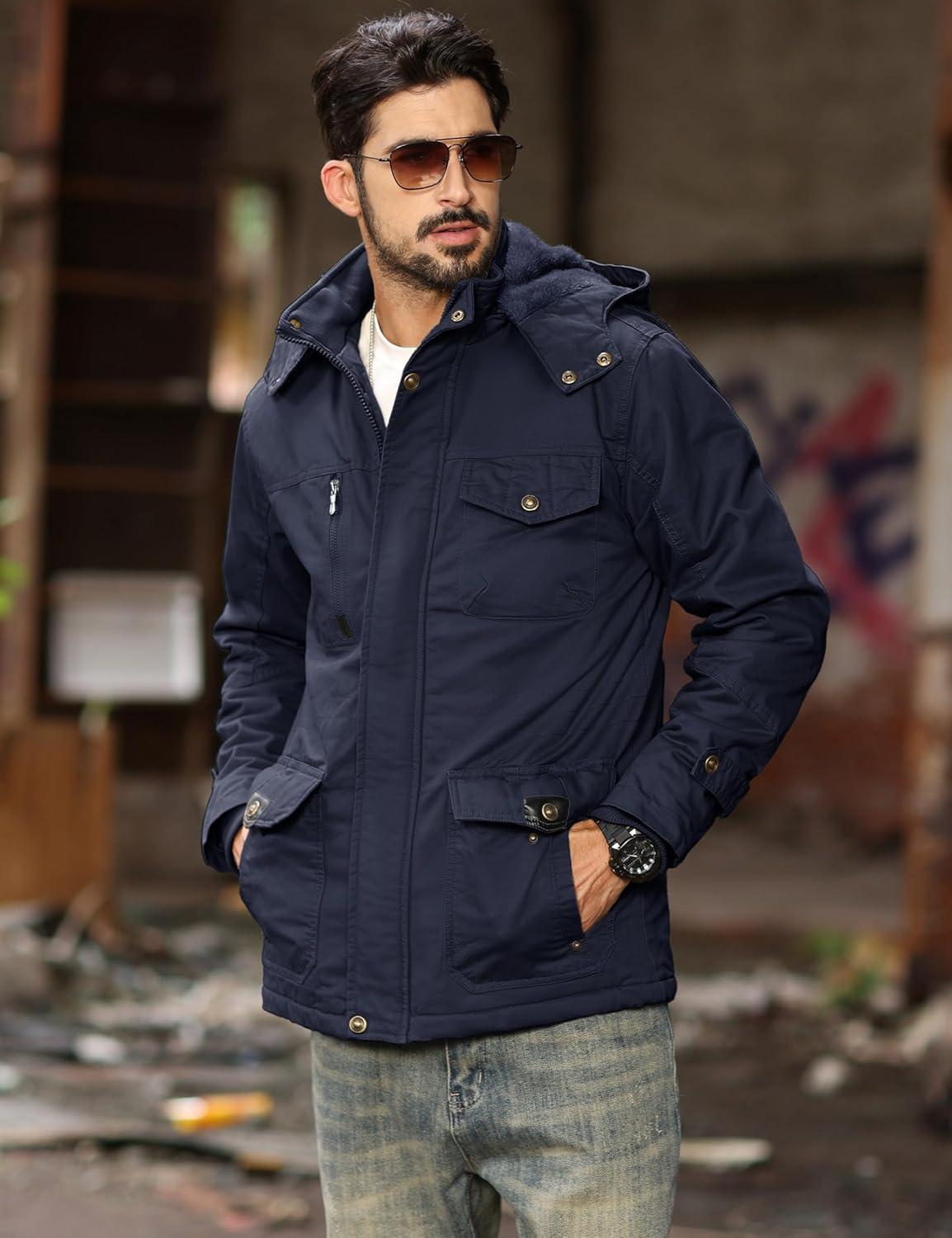 imageMAGCOMSEN Mens Winter Jacket Cotton Fleece Lined Warm Jackets Work Cargo Military Coats with 6 Pockets2 Navy