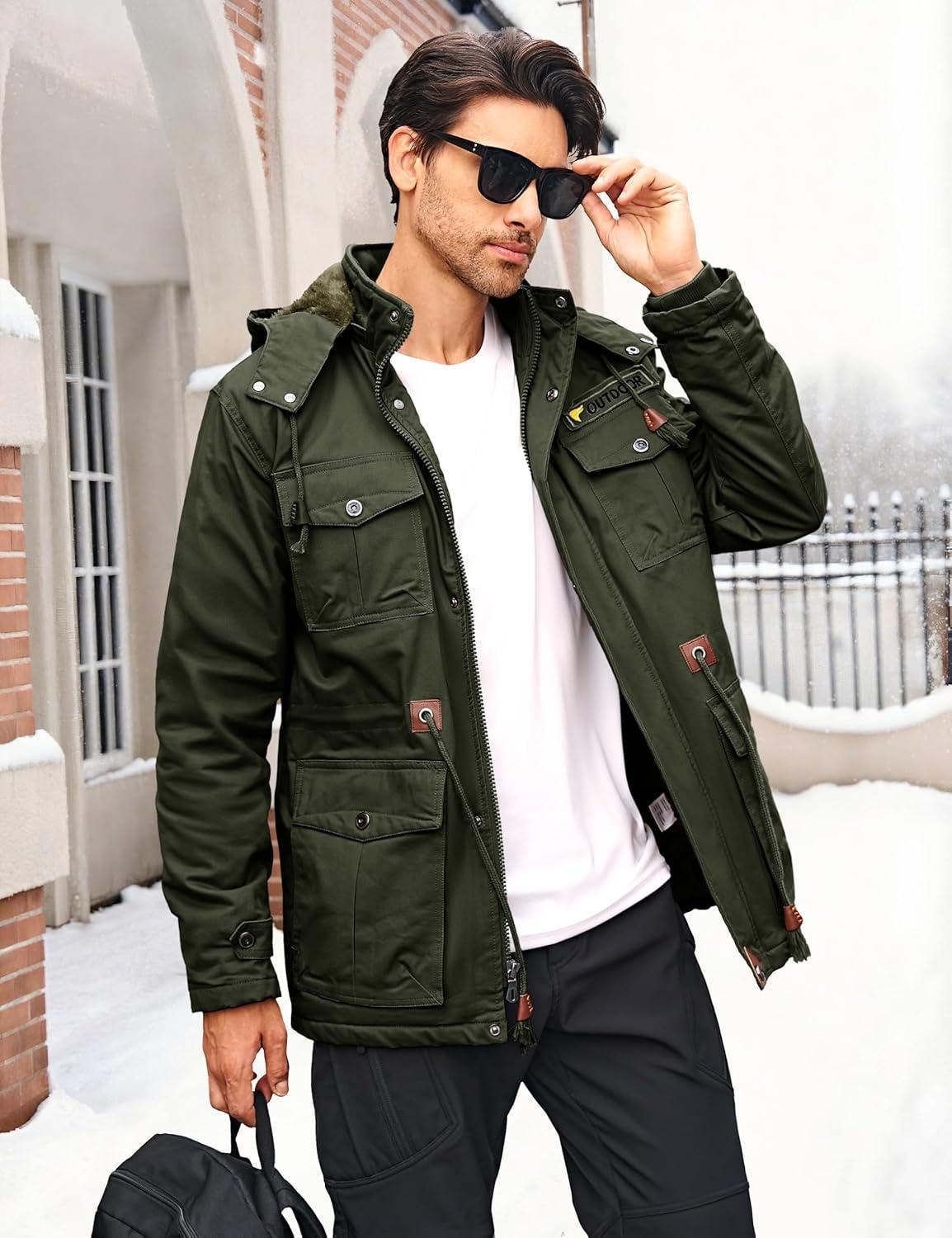 imageMAGCOMSEN Mens Winter Jacket Cotton Fleece Lined Warm Jackets Work Cargo Military Coats with 6 PocketsArmy Green