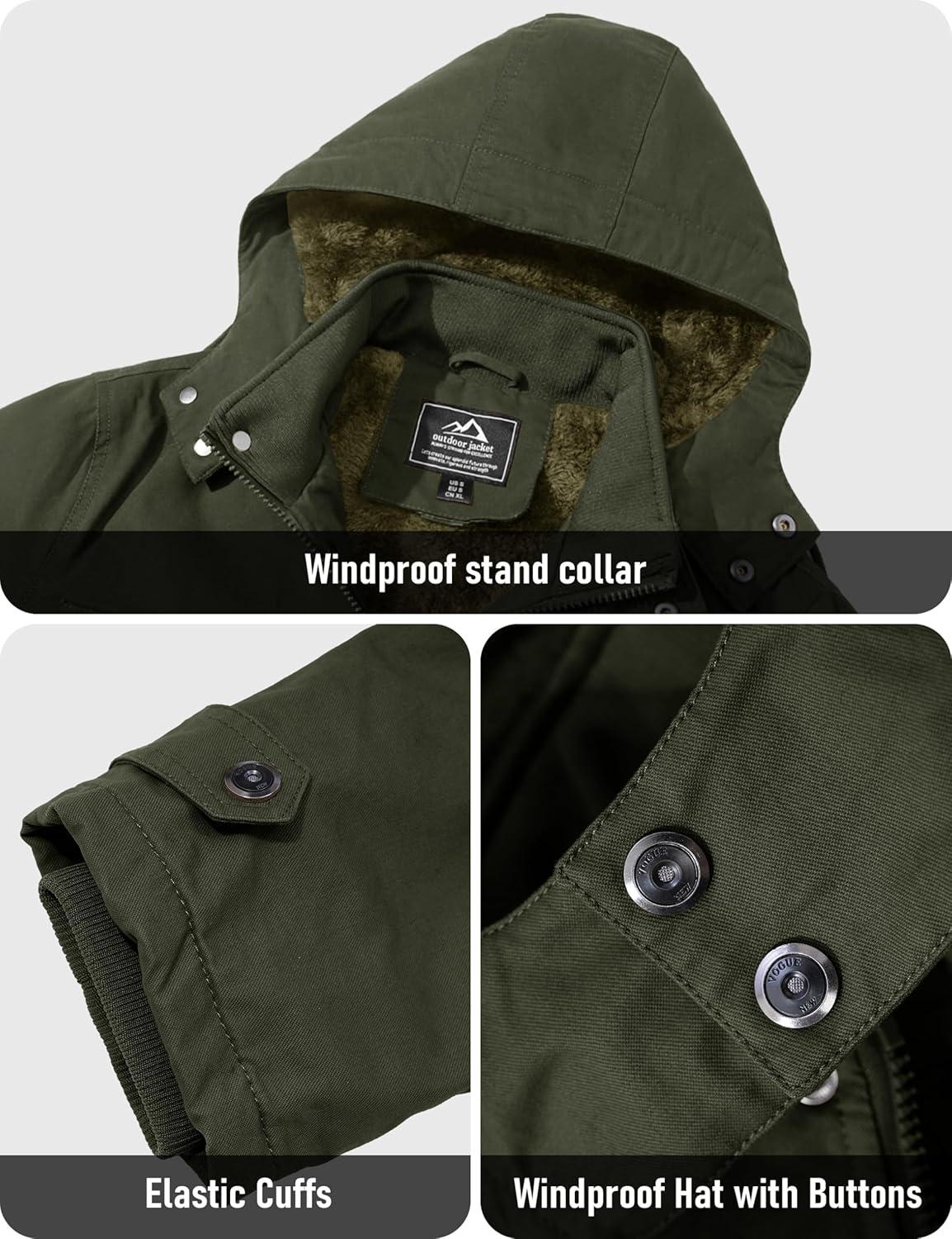 imageMAGCOMSEN Mens Winter Jacket Cotton Fleece Lined Warm Jackets Work Cargo Military Coats with 6 PocketsArmy Green