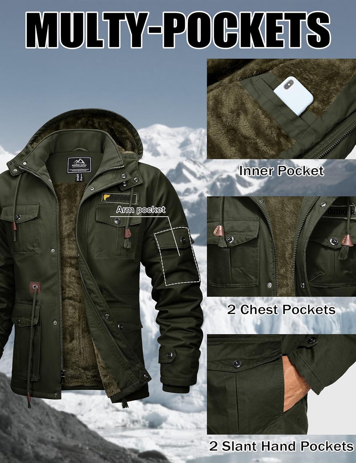 imageMAGCOMSEN Mens Winter Jacket Cotton Fleece Lined Warm Jackets Work Cargo Military Coats with 6 PocketsArmy Green