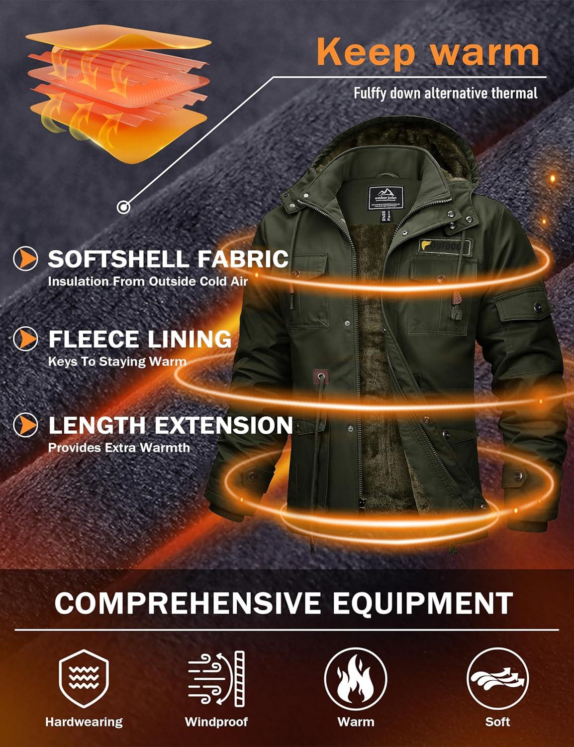 imageMAGCOMSEN Mens Winter Jacket Cotton Fleece Lined Warm Jackets Work Cargo Military Coats with 6 PocketsArmy Green