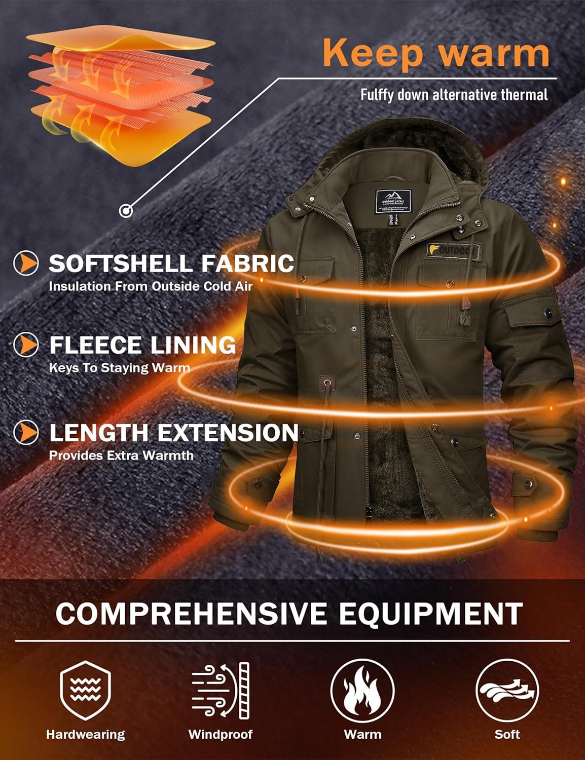 imageMAGCOMSEN Mens Winter Jacket Cotton Fleece Lined Warm Jackets Work Cargo Military Coats with 6 PocketsCoffee