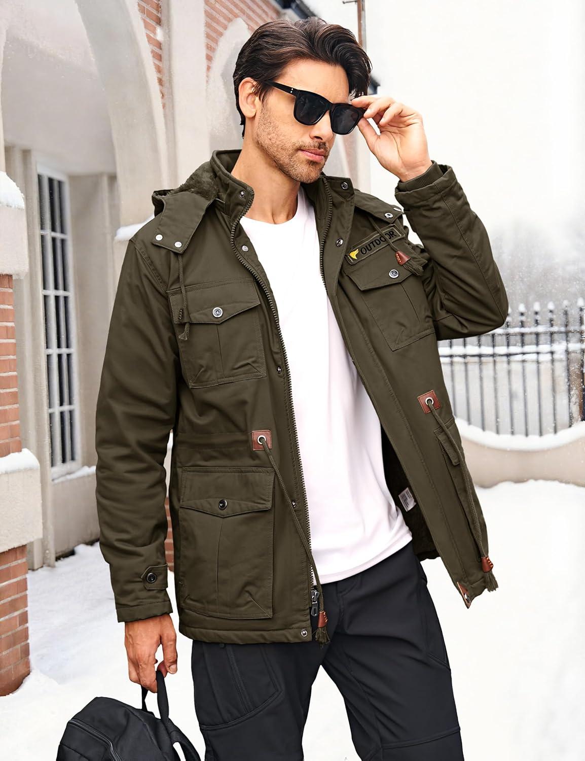 imageMAGCOMSEN Mens Winter Jacket Cotton Fleece Lined Warm Jackets Work Cargo Military Coats with 6 PocketsCoffee