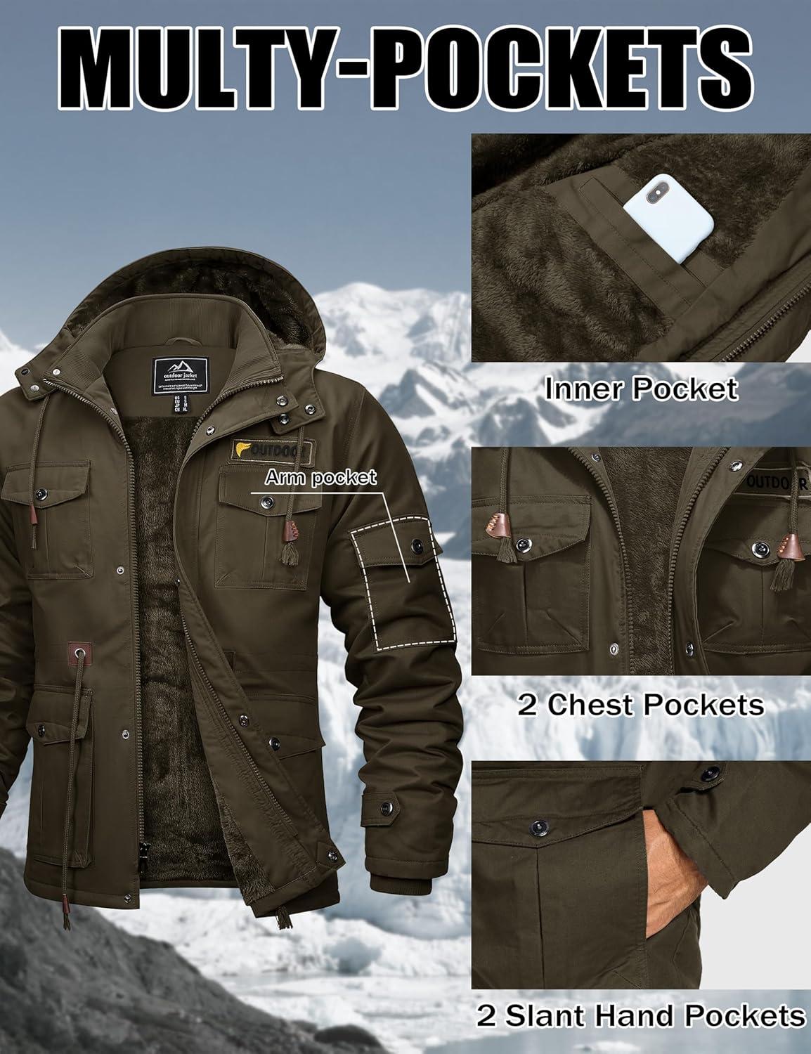 imageMAGCOMSEN Mens Winter Jacket Cotton Fleece Lined Warm Jackets Work Cargo Military Coats with 6 PocketsCoffee
