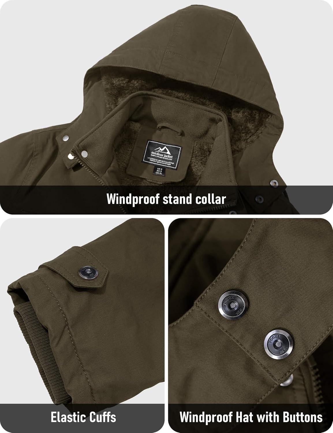 imageMAGCOMSEN Mens Winter Jacket Cotton Fleece Lined Warm Jackets Work Cargo Military Coats with 6 PocketsCoffee
